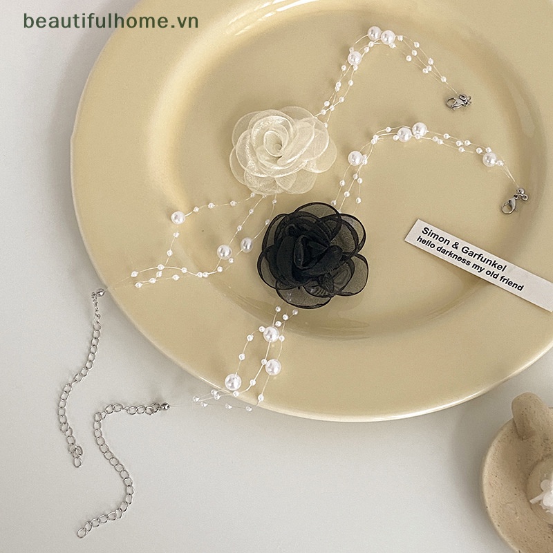 [beautifulhome] Vòng Cổ Choker Ngọc Trai Hoa Trắng Đen Lãng Mạn Mùa Hè Cho Nữ [beauty]