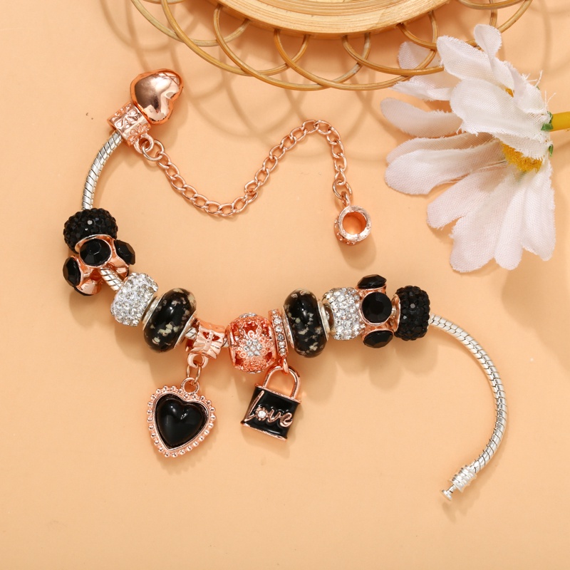 Vòng Tay Chuỗi Hạt Màu Vàng Hồng Mặt Hình Trái Tim Và Trái Tim Bằng Hợp Kim Màu Đen Thời Trang Cho