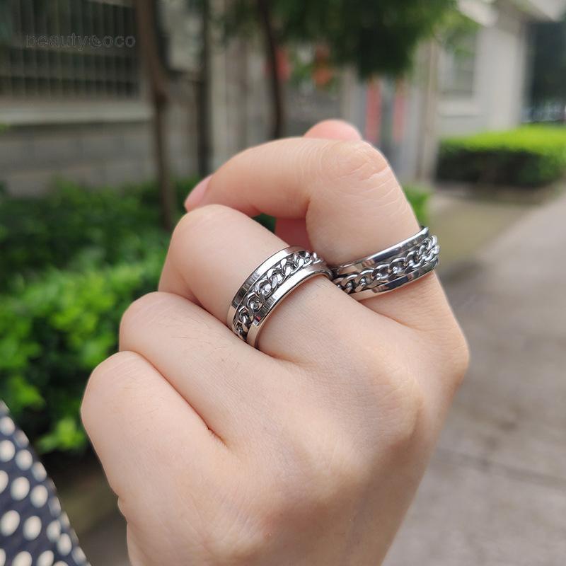 beautycoco🍊Nhẫn xoay phối xích bằng thép titan không gỉ màu vàng/đen/xanh/bạc phong cách rock punk