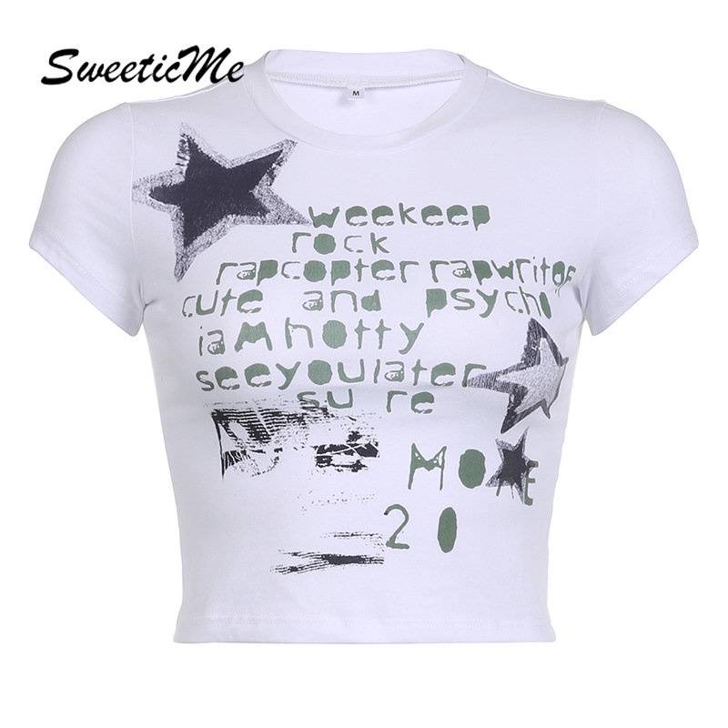 Áo Thun Tay Ngắn Cổ Tròn In Chữ Và Ngôi Sao Thời Trang 2023 Dành Cho Nữ