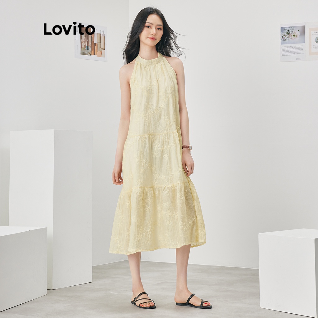 Đầm Lovito dáng chữ A không tay màu trơn dây buộc phía sau phong cách thường ngày dành cho nữ L52AD082 (màu mơ/trắng)