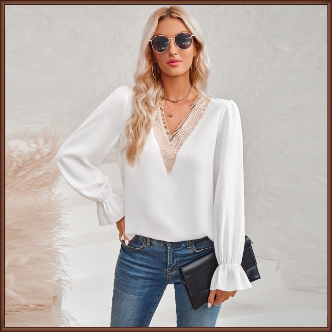Áo Kiểu Tay Dài Cổ Chữ V Màu Sắc Thanh Lịch Dành Cho Nữ