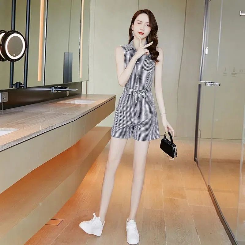 Áo Liền Quần Lưng Cao Ống Rộng Họa Tiết Kẻ Sọc Phong Cách Hàn Quốc Thời Trang Mùa Hè 2023 Mới