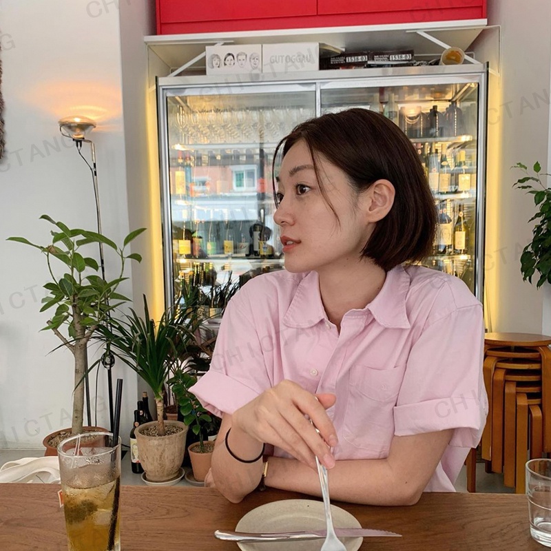 Áo Sơ Mi Nữ Tay Ngắn Dáng Rộng Màu Hồng Phong Cách Hàn Quốc