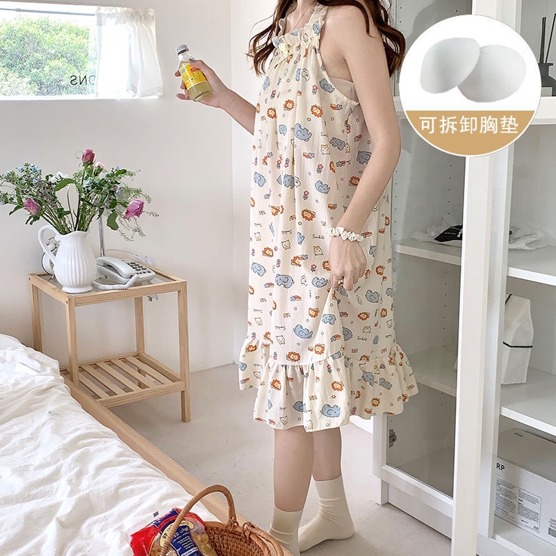 Bộ Đồ Ngủ Cotton Mỏng Màu Trơn Phong Cách Công Chúa Mùa Hè Hàn Quốc