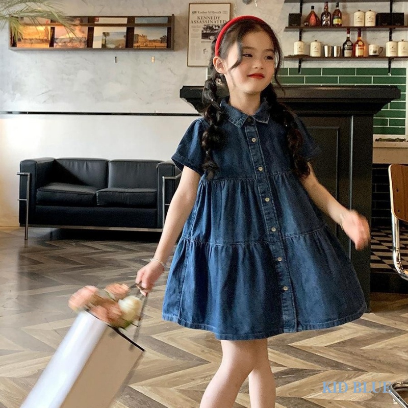 Đầm Denim Mỏng Cổ Bẻ Thời Trang Mùa Hè Phong Cách Hàn Quốc Cho Bé Gái