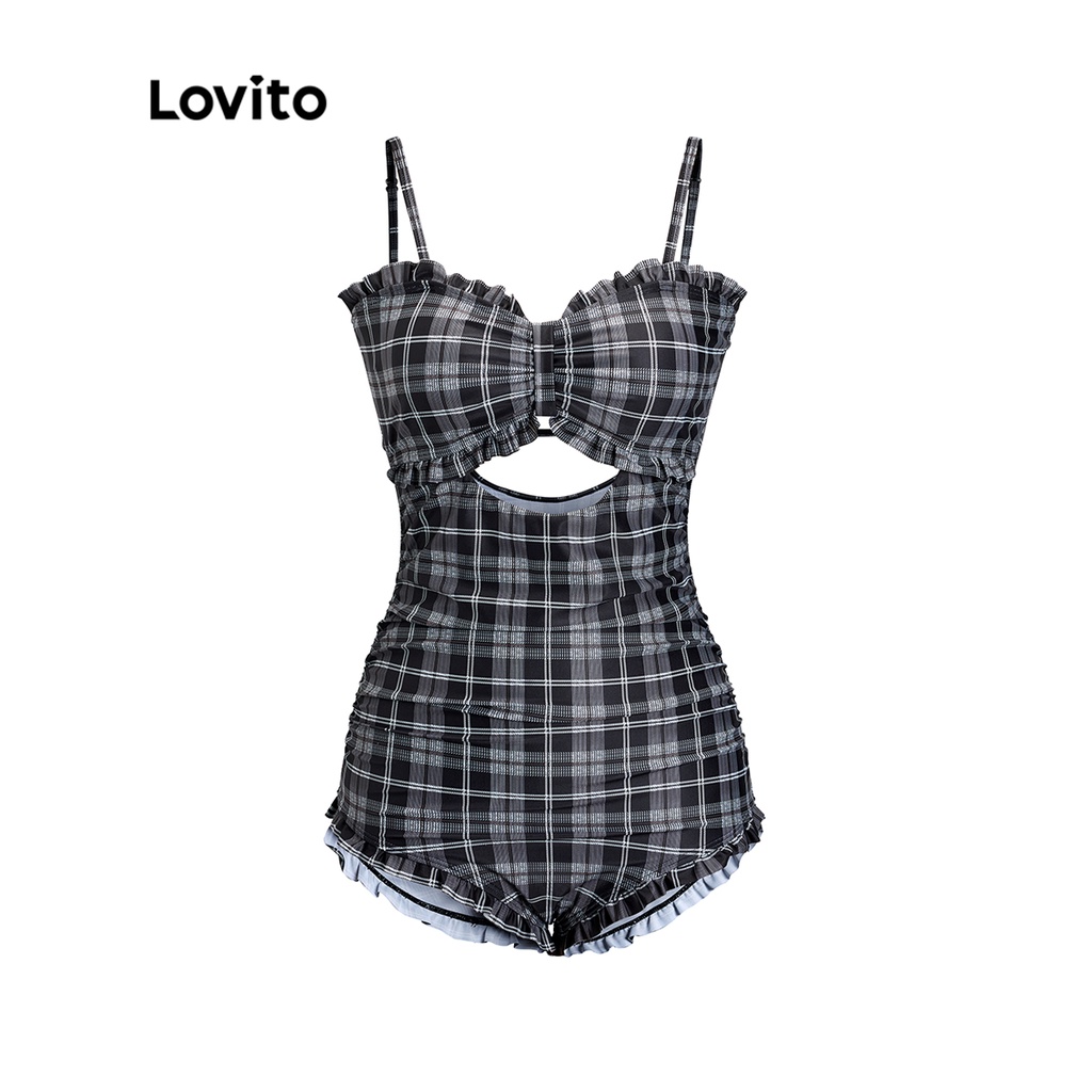 Đồ bơi một mảnh Lovito cắt xẻ kẻ sọc viền nhún bèo dễ thương buộc dây miếng đệm tháo rời được cho nữ L50AD007 (đen)