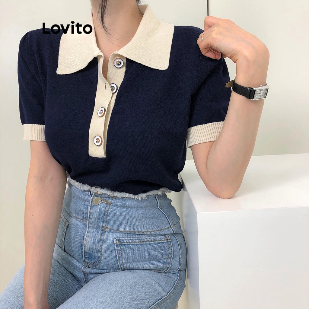 Áo dệt kim Lovito tay ngắn trơn phối nút cổ tương phản cho nữ LNA11001 (màu đen)