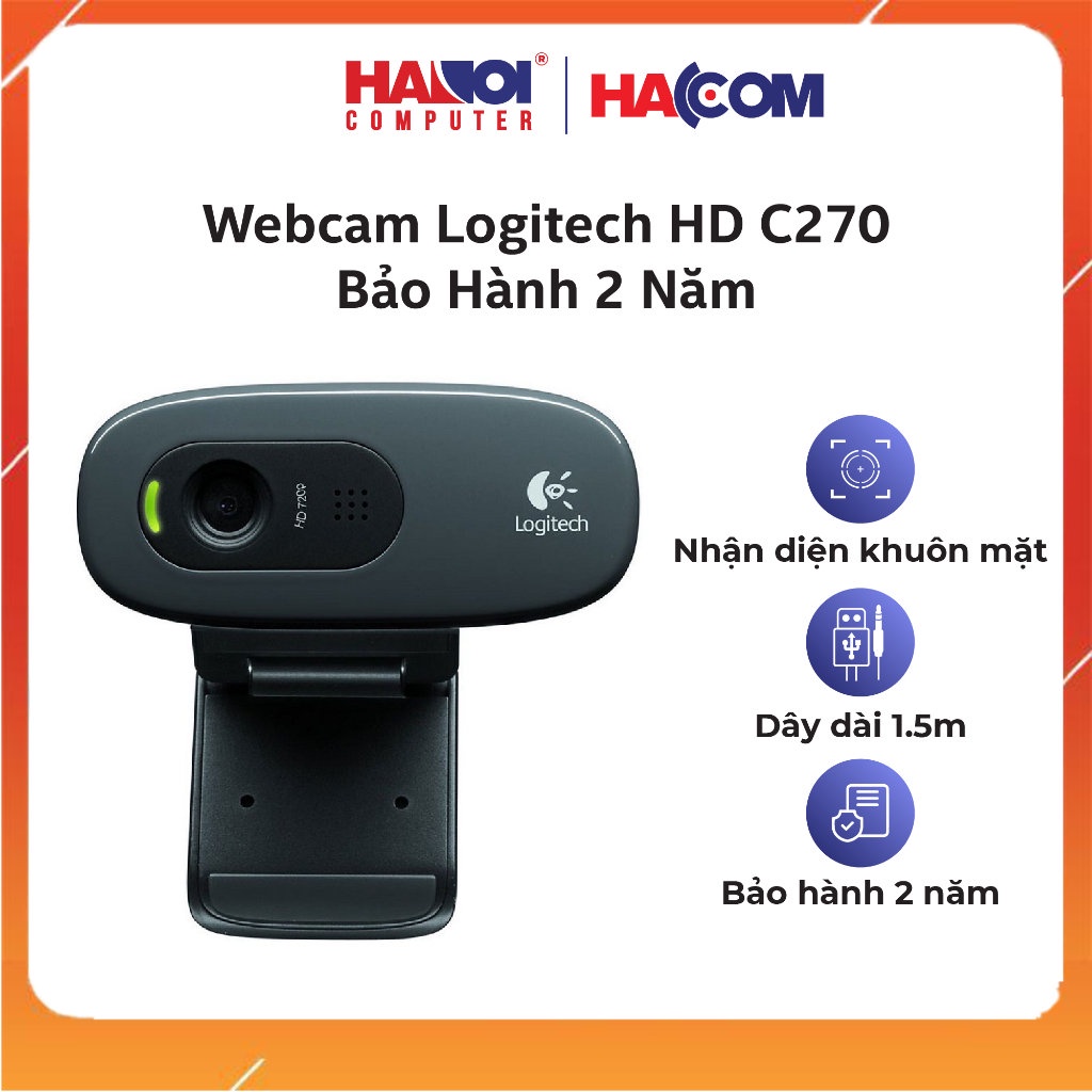 Webcam Logitech HD C270 với Micrô tích hợp có tính năng giảm tiếng ồn, Bảo Hành 2 Năm