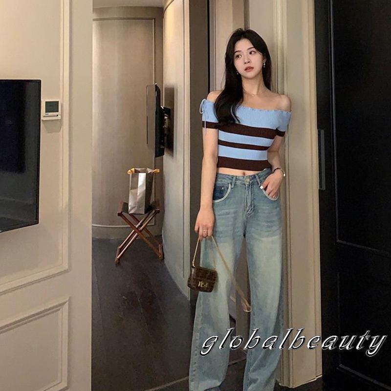 Áo Croptop Dệt Kim Trễ Vai Tay Ngắn Họa Tiết Kẻ Sọc Thời Trang Mùa Hè Cho Nữ