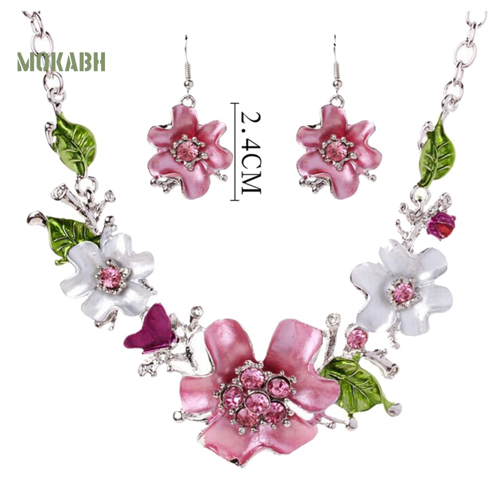 [Mok Abh] Bộ Vòng cổ + Bông Tai Đính Kim Cương Giả Hình Hoa Nhiều Màu Cho Nữ