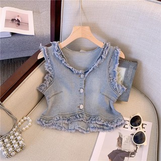 Jh Hàng Có Sẵn Áo Denim Không Tay Ngắn Hở Vai Thời Trang Mùa Hè Sang Trọng Ngọt Ngào Cho Nữ