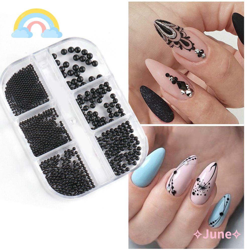 JUNE Hộp 6 Ngăn Phụ Kiện Trang Trí Móng Tay 1-3mm Màu Đen