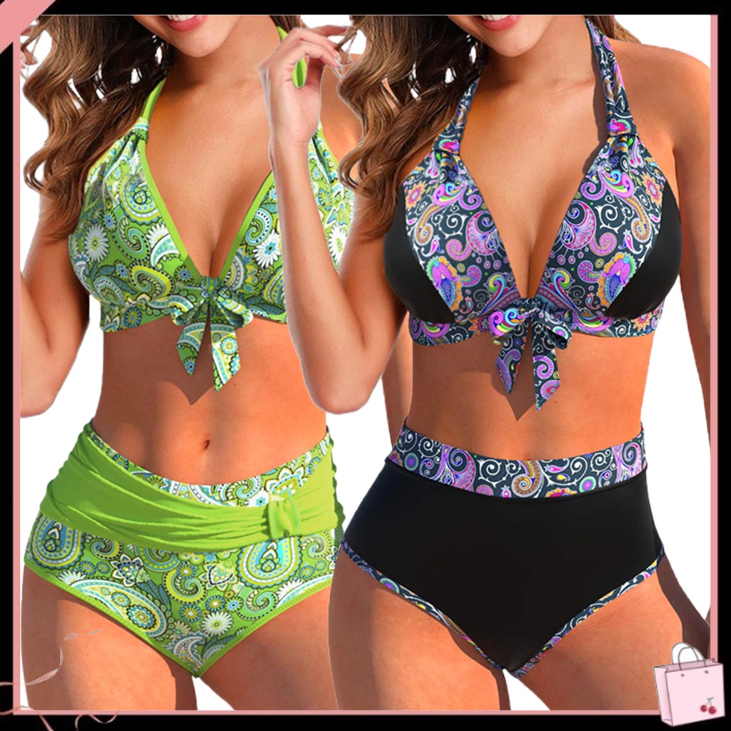 Bộ Bikini 2 Mảnh Lưng Cao Cổ Chữ V Thắt Nơ In Họa Tiết Quyến Rũ Cho Nữ