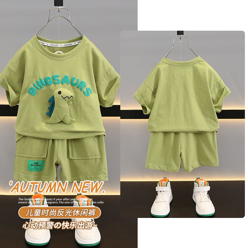 Bộ Áo Thun Cotton Tay Ngắn In Hình Khủng Long + Quần Short Thời Trang Mùa Hè 2023 Mới Cho Bé Trai