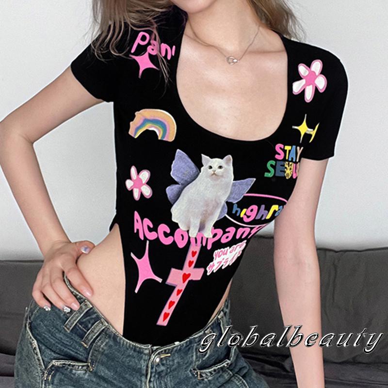 Áo Liền Quần Ngắn Tay Khoét Lưng Cao In Họa Tiết Hoạt Hình Cho Nữ