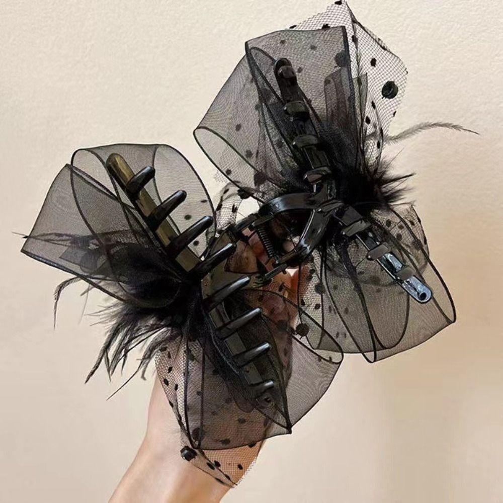 Kẹp Tóc Càng Cua Hình Nơ Bằng Nhựa Acrylic Màu Đen Cỡ Lớn