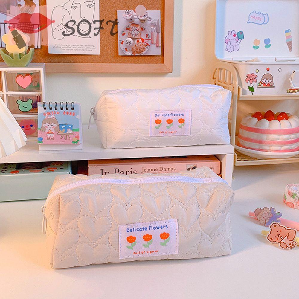 SOFTNESS Túi Đựng Bút Chì Kẻ Ô Vuông Trong Suốt Đa Năng Có Khóa Kéo