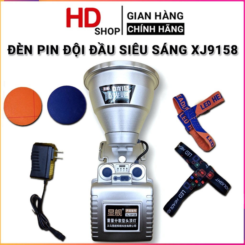 Đèn pin đội đầu XJ-9158 siêu sáng chiếu xa 500-1000m vỏ hợp kim nhôm kèm choá xanh và choá vàng dây đeo đầu