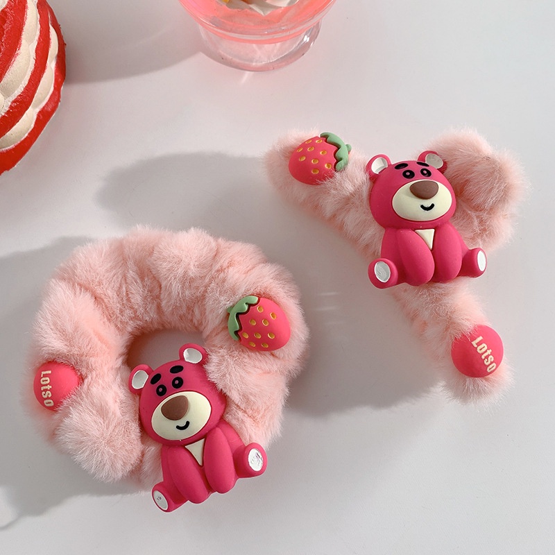 PVN60432 Kẹp Tóc Hình Gấu Dâu Tây Bằng Lông Nhung Thời Trang