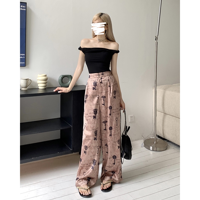 Quần Dài Vải Satin Ống Rộng Lưng Cao In Họa Tiết Vintage Thời Trang Mùa Hè Cho Nữ