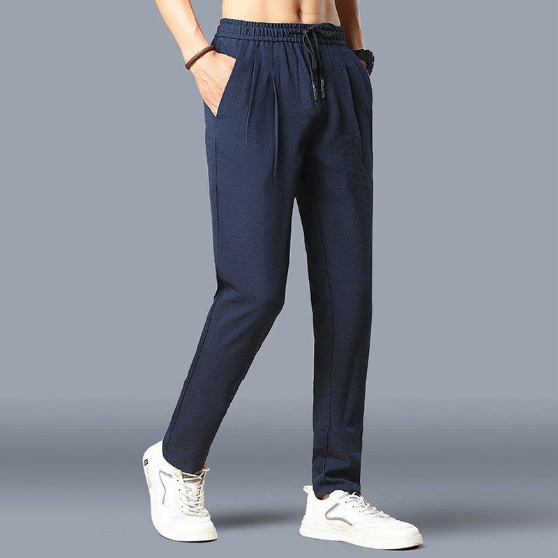 Quần Dài Thể Thao Vải Lụa Lạnh Màu Sắc Đơn Giản Dáng Rộng Co Giãn Tốt Thoáng Khí Thoải Mái Cho Nam