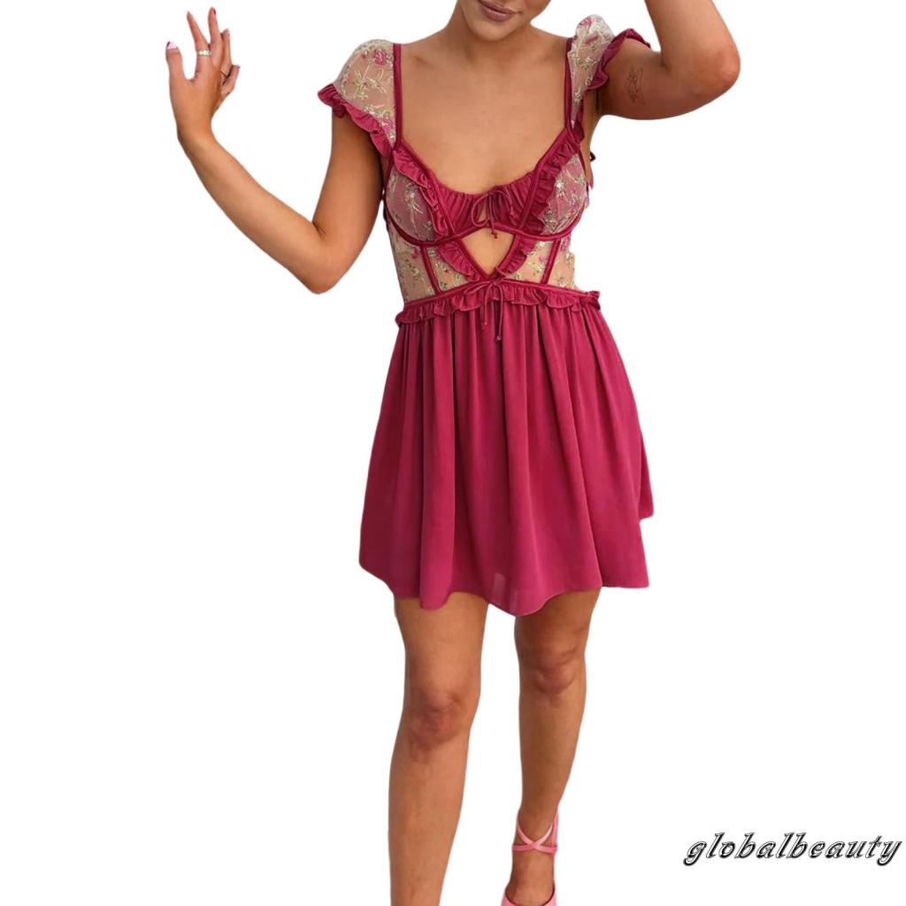 Đầm Tay Ngắn Hở Lưng Phối Lưới Họa Tiết Hoa Thời Trang Đường Phố Cho Nữ