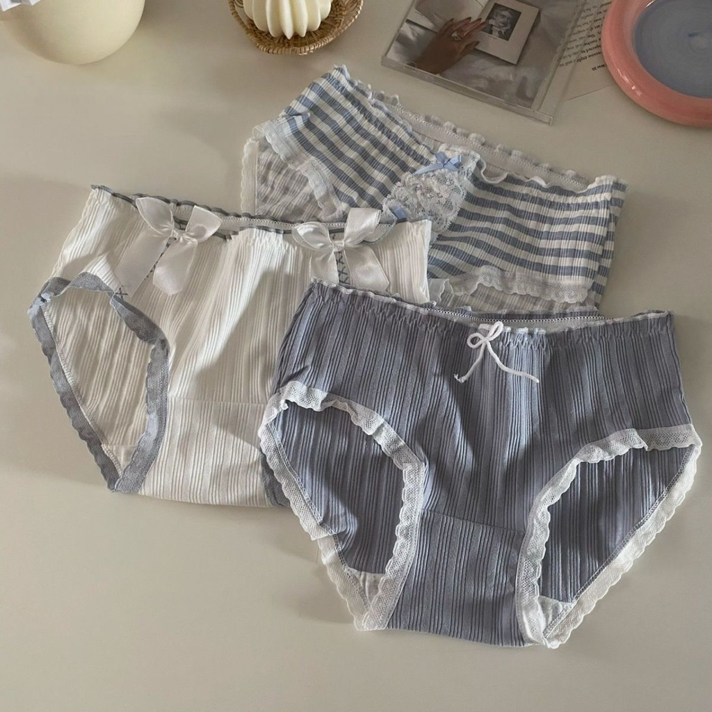 Bộ 5 Quần Lót Cotton Phối Ren Đính Nơ Phong Cách Lolita Nhật Bản Dễ Thương Cho Nữ