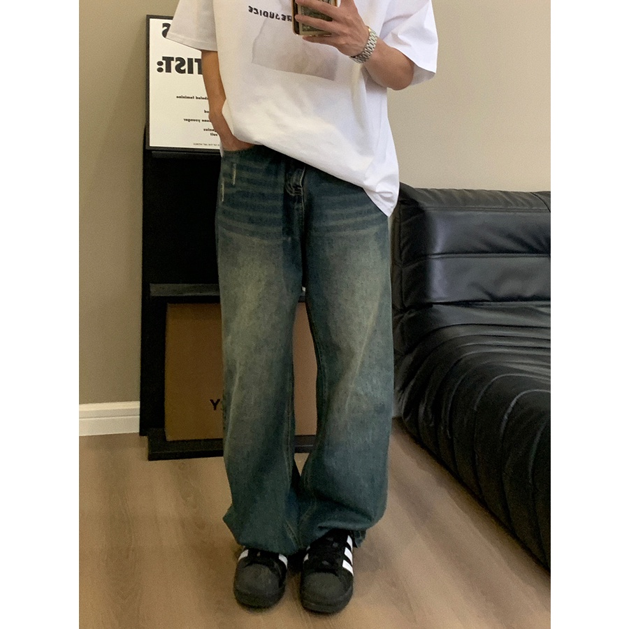 Hàng Mới Về Mới Quần Jean Ống Rộng Màu Xanh Dương Đậm Phong Cách Retro Đường Phố Mỹ Cho Nam Và Nữ