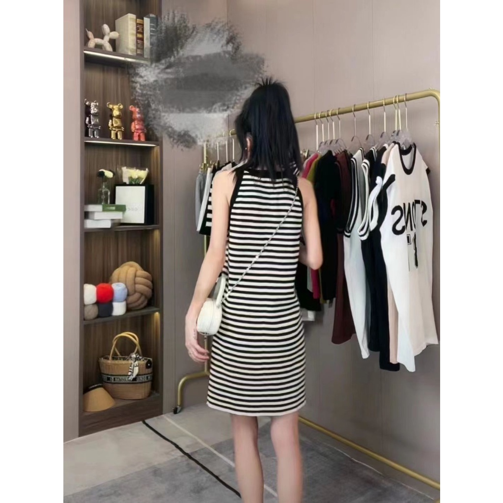 Đầm Dệt Kim Sát Nách Dáng Suông Rộng Họa Tiết Kẻ Sọc Thời Trang Mùa Hè Cho Nữ