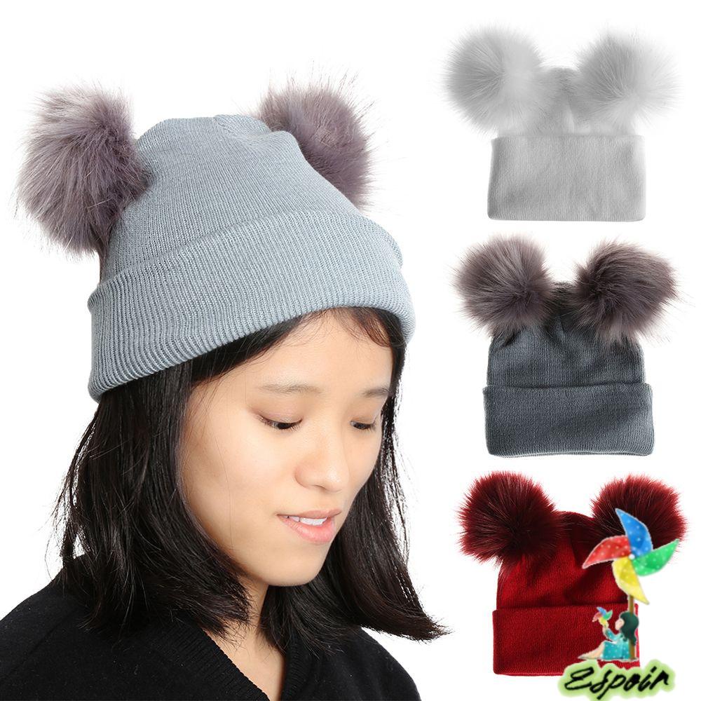 ESPO Mũ Len Trùm Đầu Đính Hai Quả Bông