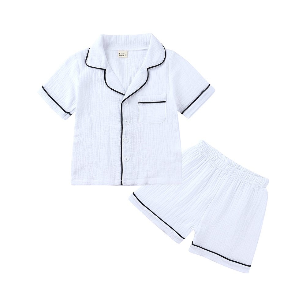 Set Đồ 2 Món Gồm Áo Sơ Mi Cotton Lanh Tay Cộc Có Nút Cài Xuống + Quần Ngắn Giản Dị Dành Cho Trẻ Em