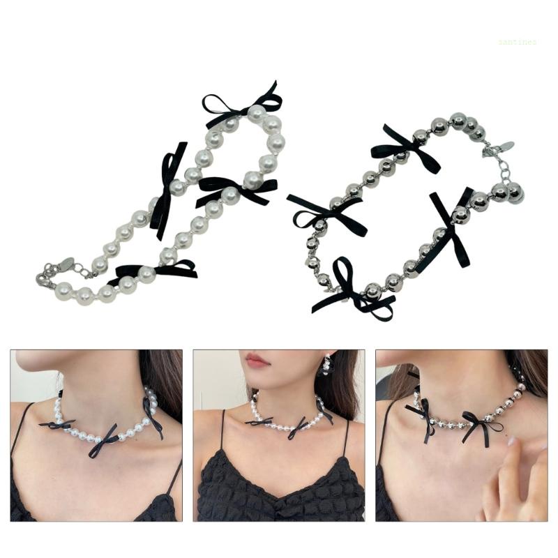 Vòng Cổ Ruy Băng Thắt Nơ Đính Hạt Ngọc Trai Màu Đen Thanh Lịch