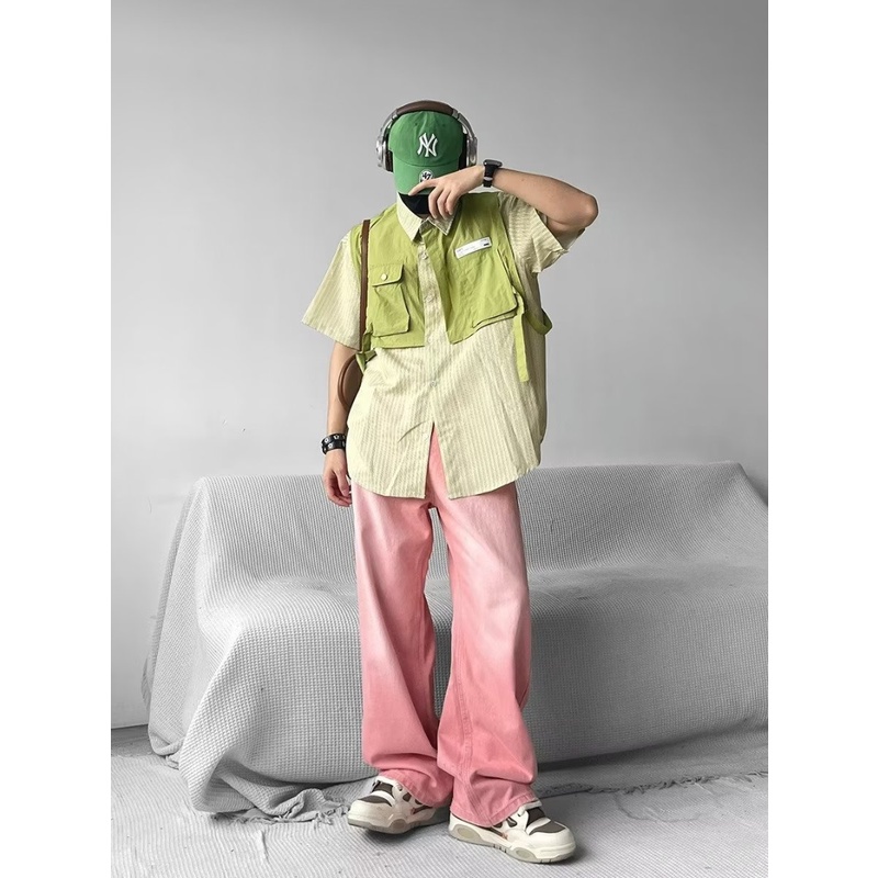 Áo Sơ Mi Giả Hai Lớp Tay Ngắn Kẻ Sọc Màu Sắc Tương Phản Phong Cách Retro Dành Cho Nam Giới