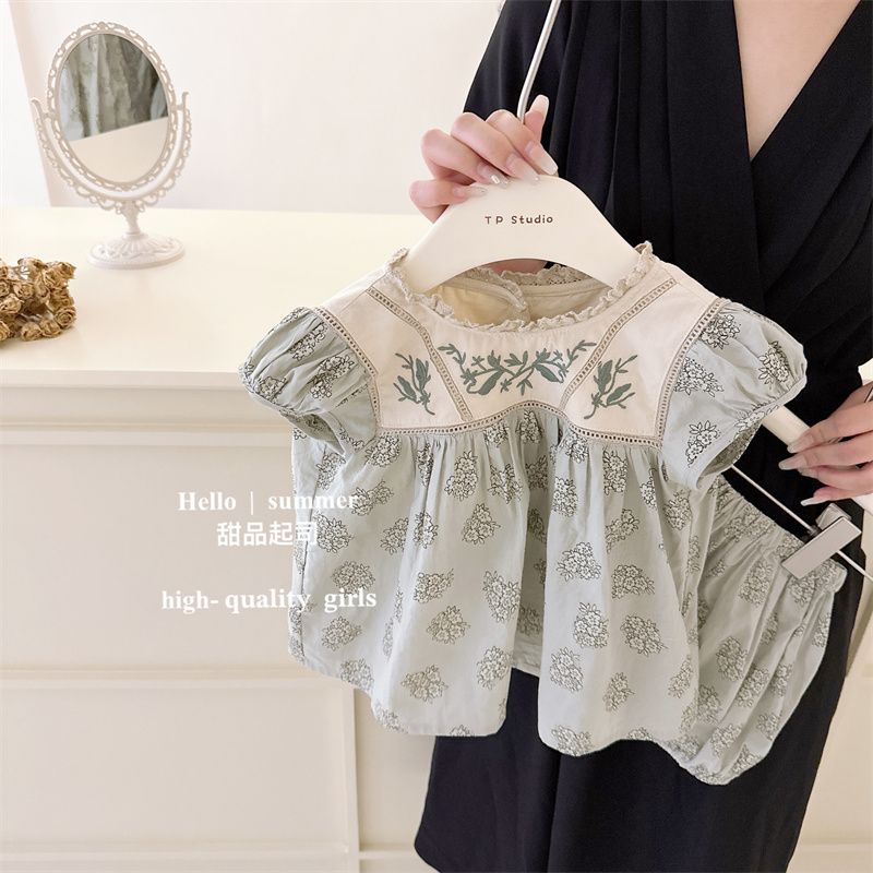 Set Đồ Mùa Hè Gồm Áo Tay Cộc Thêu Hoa Lê Dễ Thương Phong Cách Hàn Quốc Cho Bé Gái