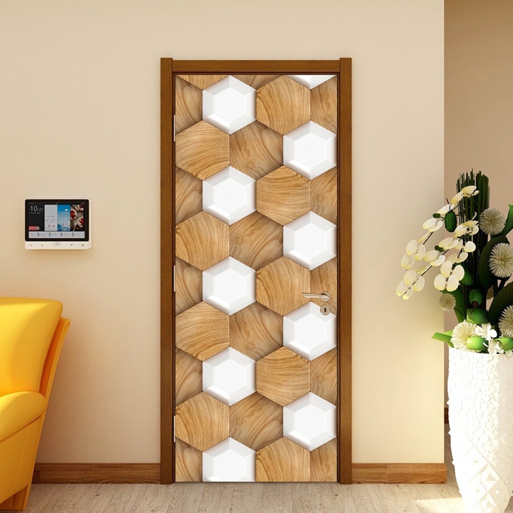 Set 2 Miếng Dán Tường / Cửa Họa Tiết Hình Học 3D Bằng PVC Chống Thấm Nước Trang Trí Phòng Khách