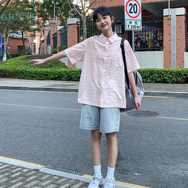 Áo Sơ Mi Ngắn Tay Họa Tiết Caro Ngọt Ngào Thời Trang Mùa Hè Cho Nữ