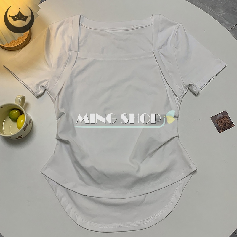 Áo Croptop Tay Ngắn Cổ Vuông Màu Sắc Đơn Giản Cho Nữ