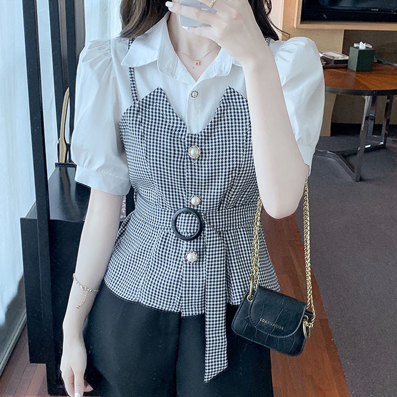 Áo Sơ Mi Chiffon Tay Ngắn Họa Tiết Sọc Caro Phong Cách Vintage Thời Trang Công Sở Cho Nữ