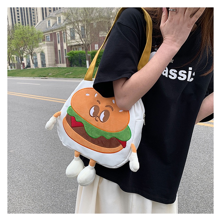 Túi Xách Đeo Vai Vải Canvas Mềm In Hoạt Hình hamburger Nhật Bản Dễ Thương Cho Nữ
