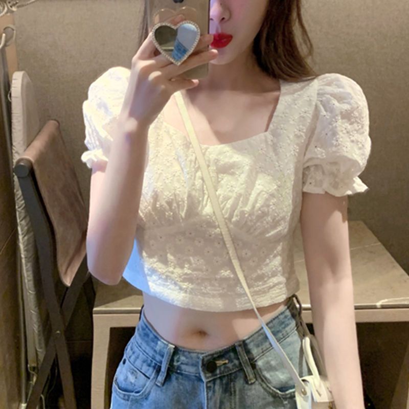 Áo Croptop Ngắn Tay Phồng Cổ Vuông Lưng Cao Thời Trang Mùa Hè 2023 Phong Cách Mới Cho Nữ