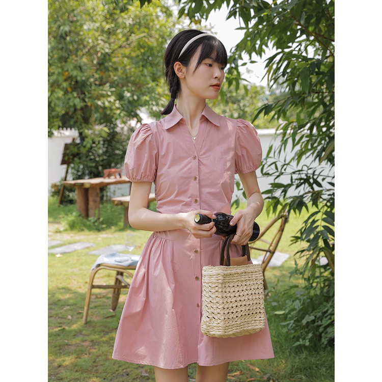 Váy sơ mi hồng tay bồng bo eo dáng ngắn size S M L XL hàng thiết kế YAM MiNi STORE