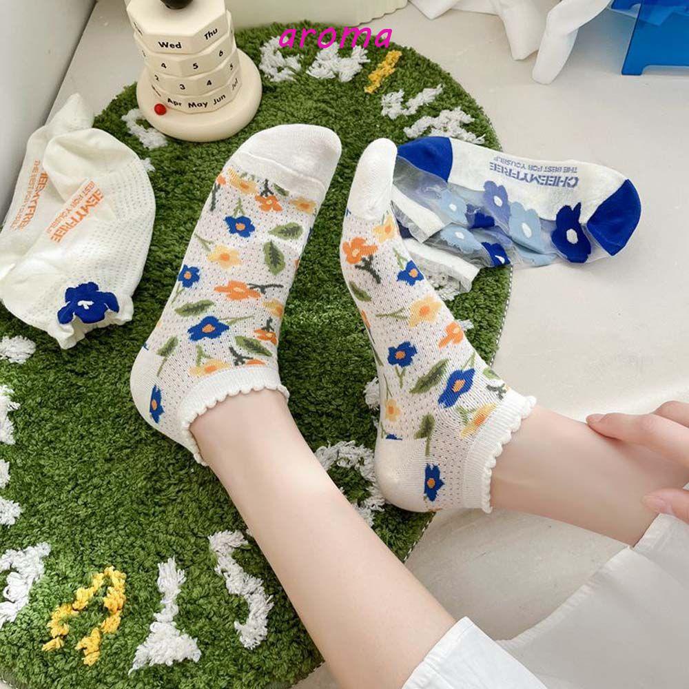 AROMA Tất Cotton Cổ Thấp Chống Trượt Họa Tiết Hoa Xinh Xắn