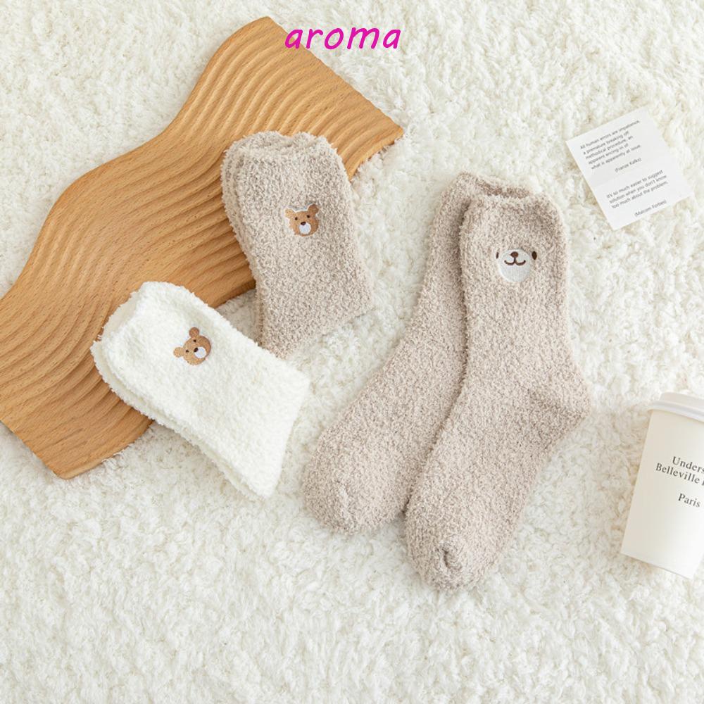 AROMA Vớ Nhung San Hô Dày Mềm Mại Thoáng Khí Họa Tiết Gấu Dễ Thương Cho Nữ