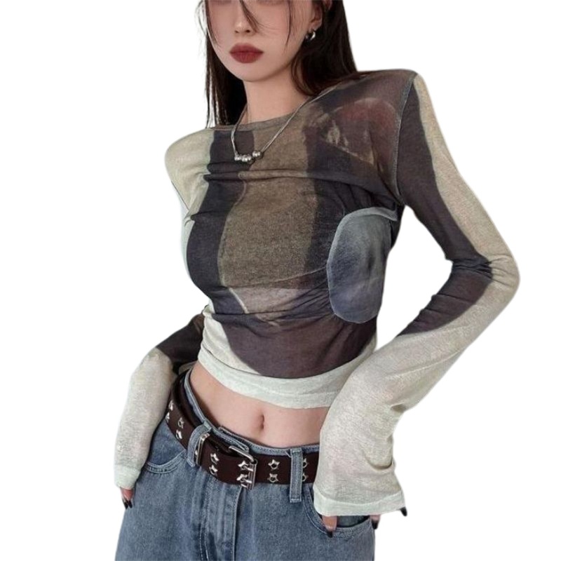 Áo Croptop Tay Dài Cổ Tròn Nhuộm Màu Ôm Dáng Co Giãn Thời Trang Đường Phố Cho Nữ