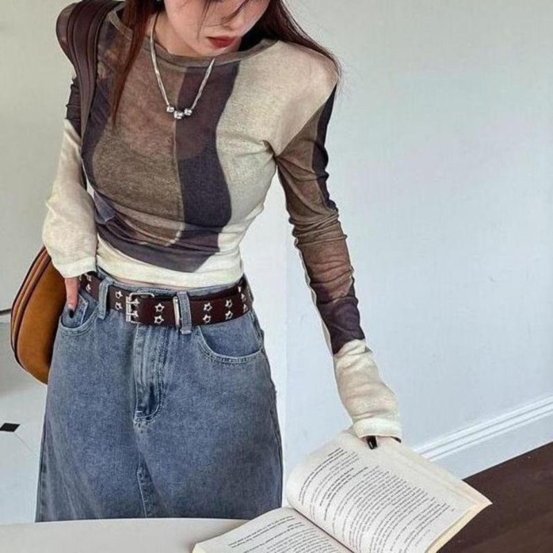 Áo Croptop Tay Dài Cổ Tròn Nhuộm Màu Ôm Dáng Co Giãn Thời Trang Đường Phố Cho Nữ