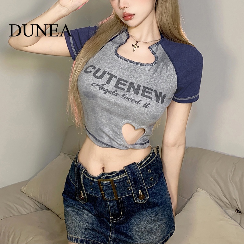 DUNEA Áo Croptop Tay Ngắn Cổ Tròn Dáng Ôm Thời Trang Đường Phố Cá Tính Cho Nữ