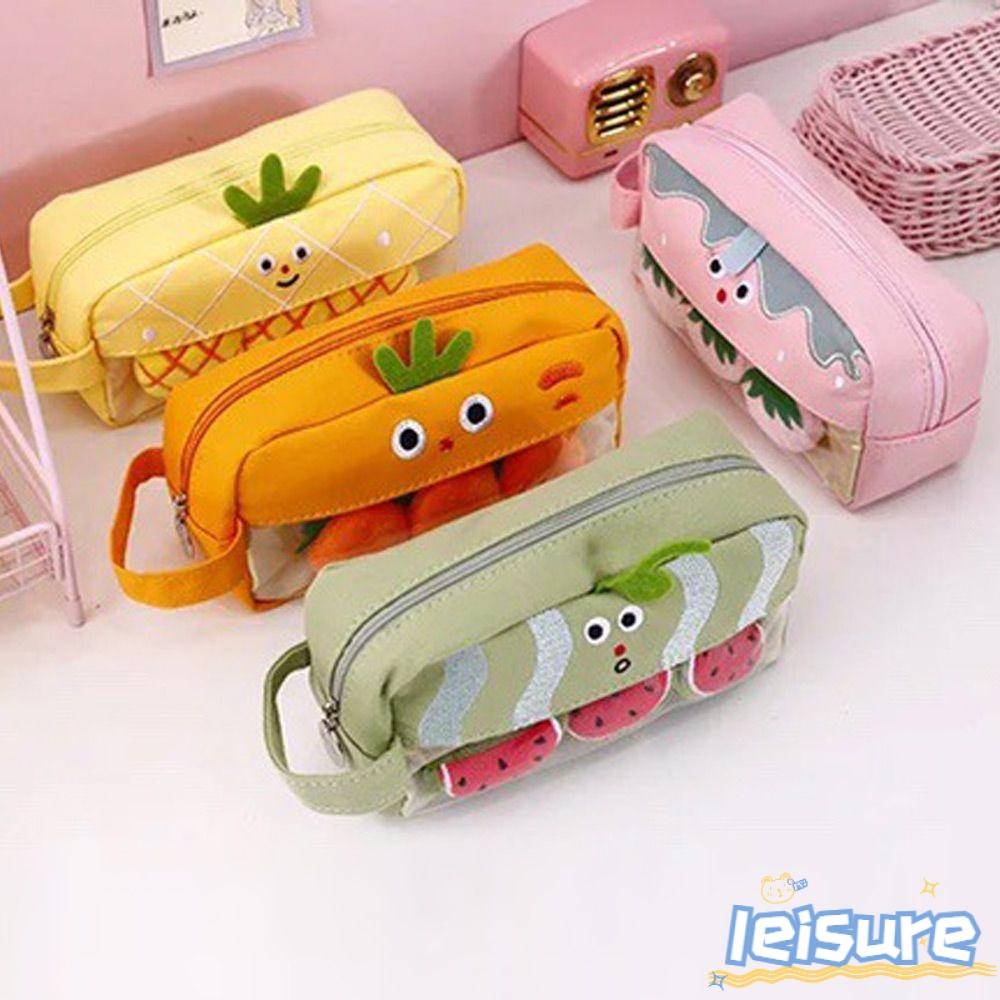 LEISURE Túi Đựng Bút Vải Canvas Phối Lông Đa Năng Họa Tiết Hoạt Hình Dễ Thương Cho Học Sinh