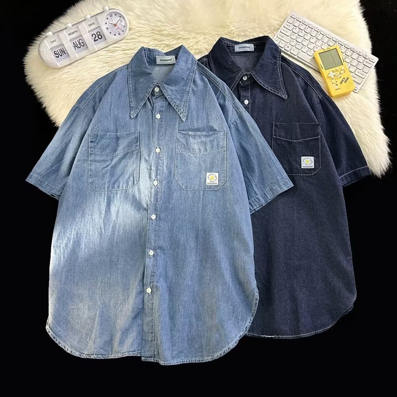 Áo Sơ Mi Denim Tay Ngắn Dáng Rộng Thời Trang Mùa Hè Cho Nam