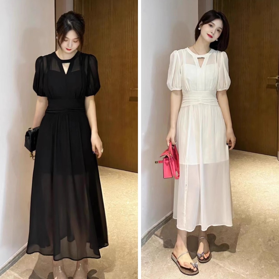 Váy tơ dáng dài xẻ tà dáng dài hai màu đen kem Dumie size S M L XL thời trang thiết kế YAM MiNi STORE